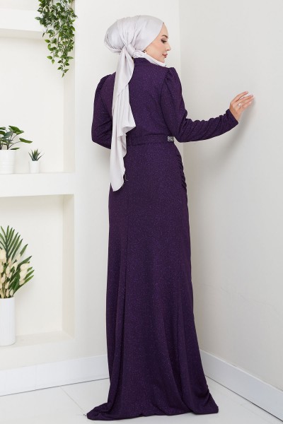 Tane Şık Taş Detaylı Tesettür Abiye - Mürdüm